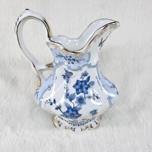Vintage Porcelain Blue White Floral Pitcher Gold Trim Victorian Style Creamer